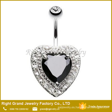 Elegante corazón negro claro Cubic Zirconia anillo de ombligo de acero quirúrgico 316L